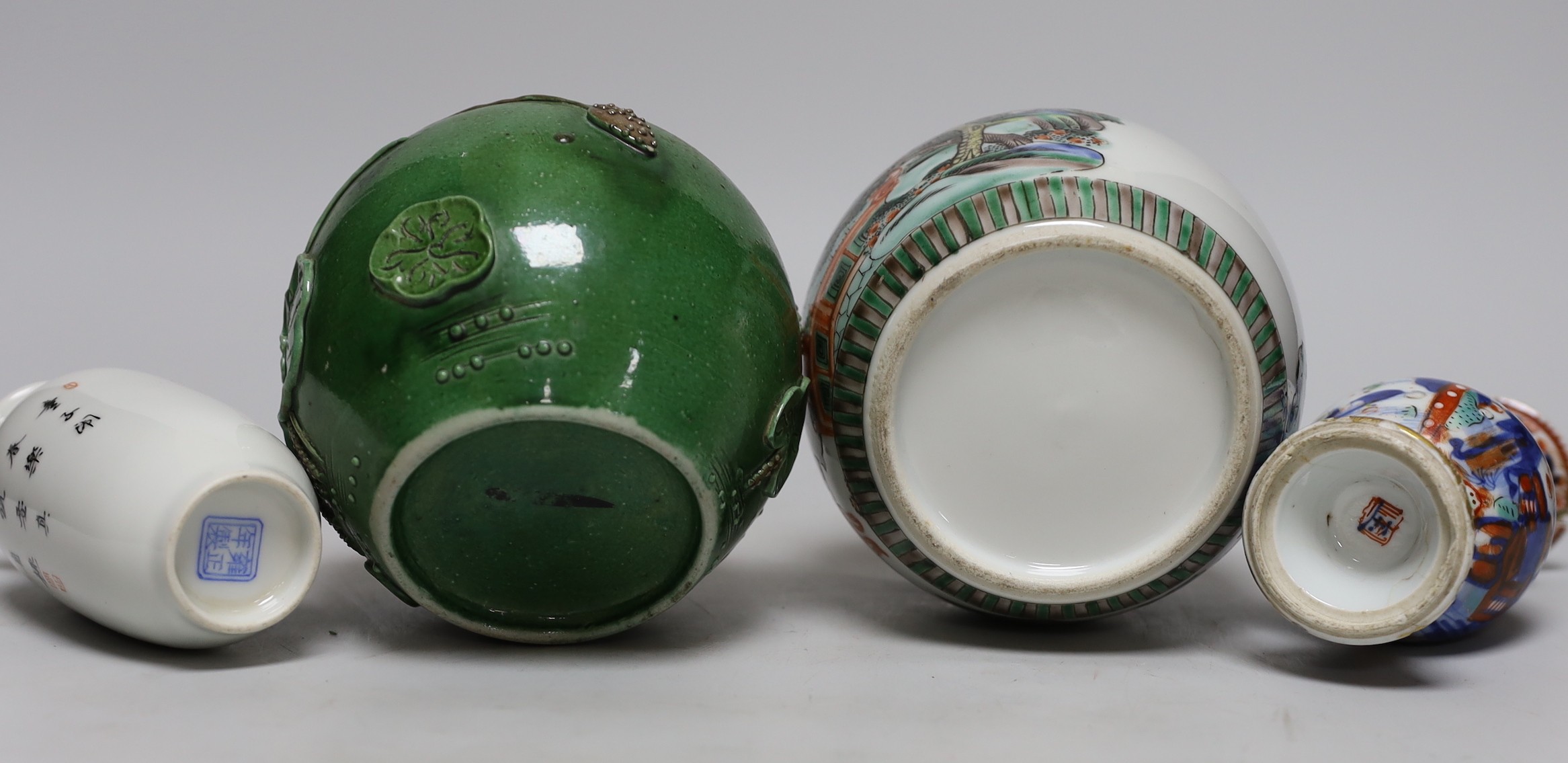 A Chinese famille verte jar, a colour glazed jar, a clobbered Kangxi vase and a Republic 'boys' vase, Kangxi vase 15cm high (4)